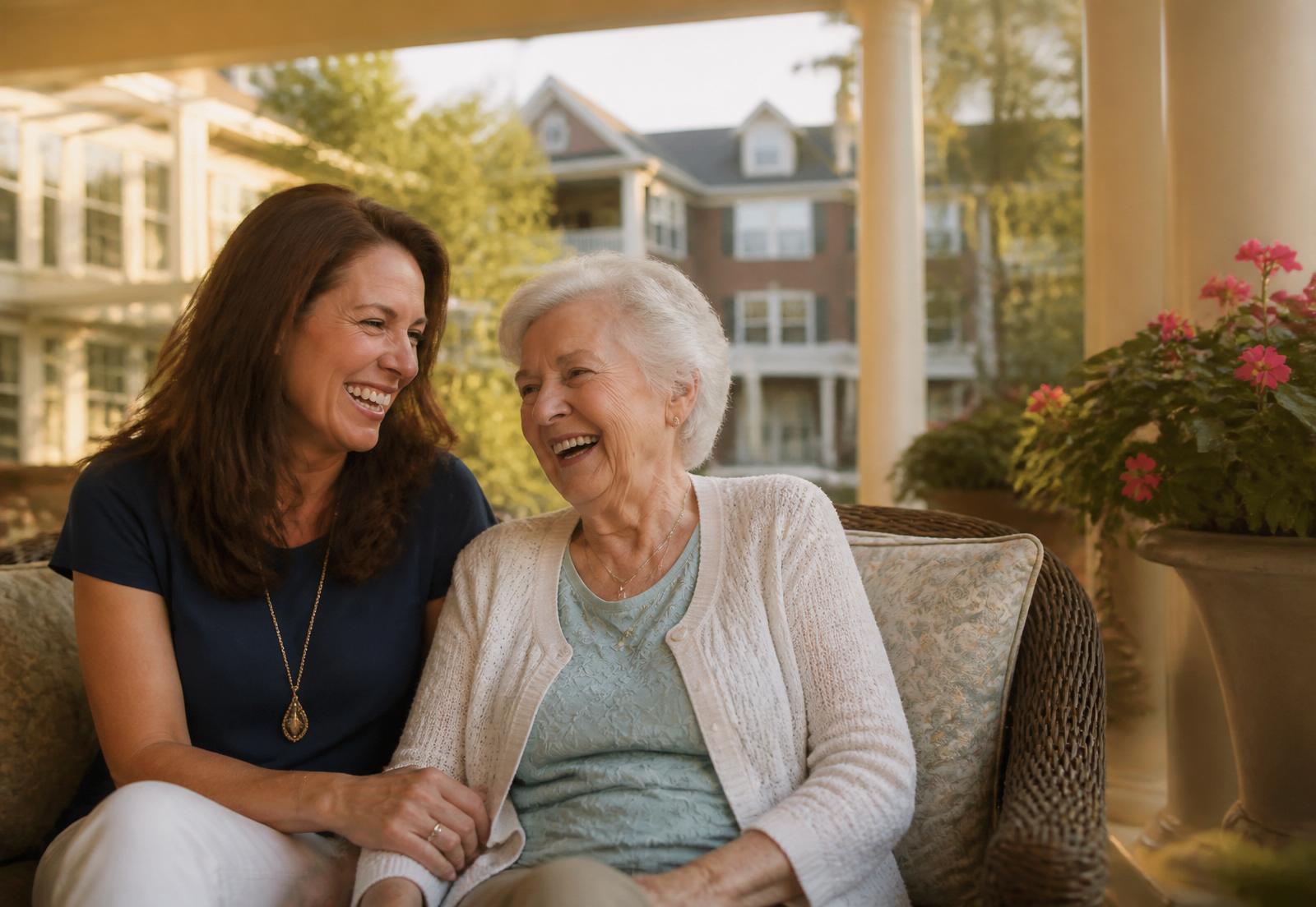 An adult daughter and her mother smiling together on the porch of a senior living community